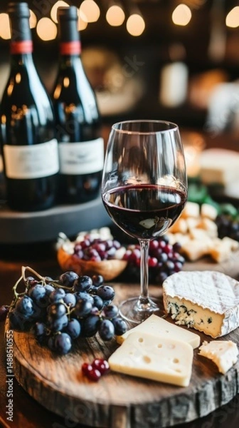 Obraz Wine and cheese pairing on a wooden board with grapes in a cozy atmosphere