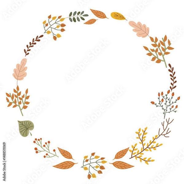 Fototapeta Round frame with autumn theme depicting leaves and branches. Decorative flower arrangement with border for greeting card