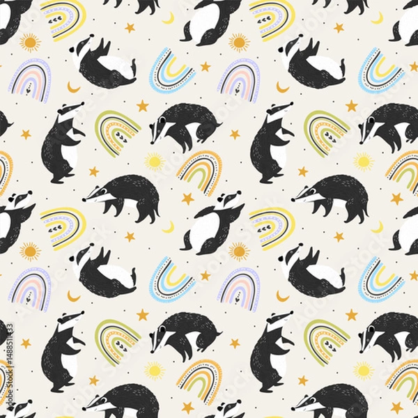 Fototapeta Cute cartoon badger animal seamless pattern, illustration background with abstract rainbows sun moon and stars on white for kids textile wallpaper, wrapper