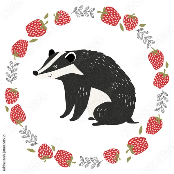 Fototapeta Cute badger sits in a round frame made of strawberries and leaves. Vector illustration, perfect for children's design or spring theme.