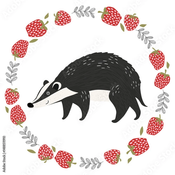 Fototapeta Cute badger sits in a round frame made of strawberries and leaves. Vector illustration, perfect for children's design or spring theme.