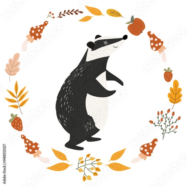 Fototapeta Cute cartoon character badger stands in a round frame of autumn leaves, wild berries and mushrooms
