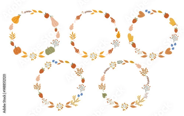 Fototapeta Five autumn round wreath frames vector illustration, decorated with colorful leaves, pumpkin, berries, mushrooms, apples and cookie shapes. Use for seasonal invitation or greeting card.