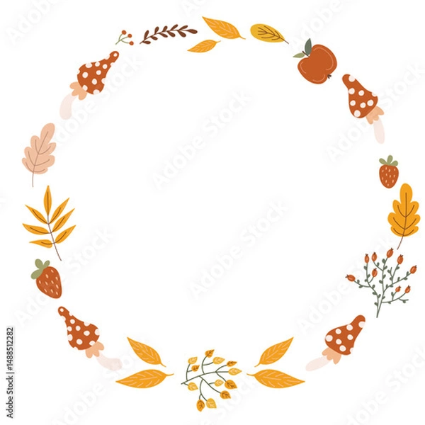 Fototapeta Round frame consisting of autumn leaves, mushrooms and berries in flat vector illustration, concept for season design or holiday greeting card.