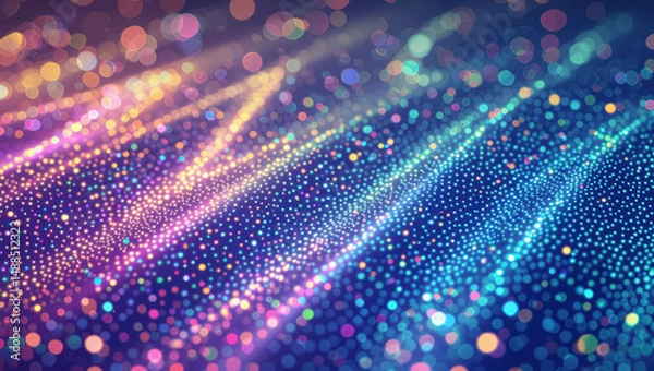 Fototapeta Colorful abstract holographic background with sparkling dots, glowing lines, and vibrant bokeh effect, creating joyful mood