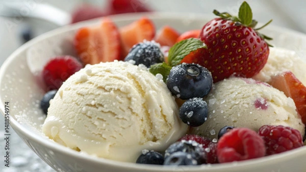 Fototapeta Vanilla ice cream with fresh strawberry, blueberry, raspberry, mint, and powdered sugar in bowl