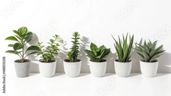 Fototapeta Six potted indoor plants arranged in straight line on white background, creating fresh and calming atmosphere