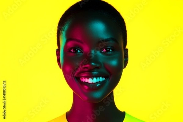 Fototapeta Commercial ad conceptual art. Short hairdo - highlighted hair. Stunning smiling black girl - for ads, brochure and social platforms use. Creative african american glamour. Black woman glamour.