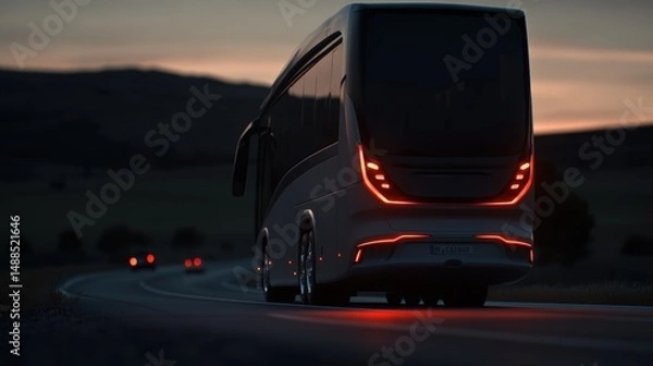 Obraz Modern bus traveling down a winding road during twilight hours with vibrant tail lights