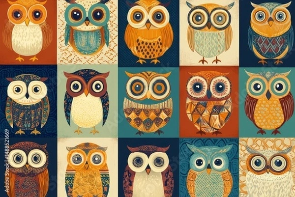 Obraz owls in Turkish-style scarves with geometric tiles, warm colors, seamless vector