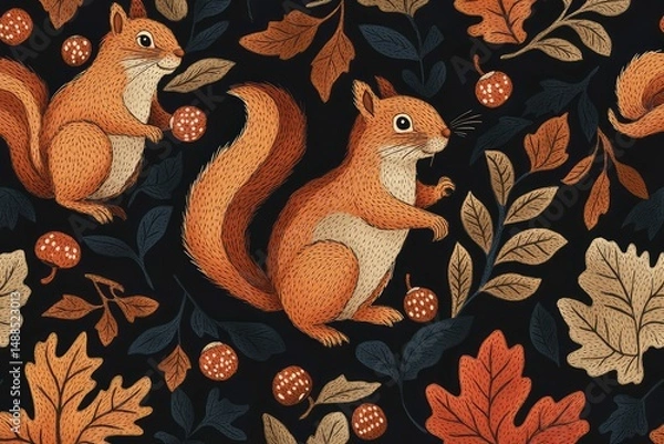 Obraz squirrels in Baltic embroidery with acorns and leaves, seamless pattern for textiles