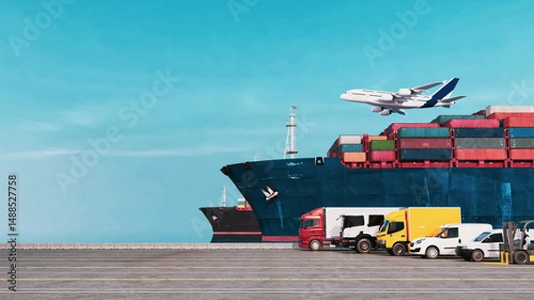 Fototapeta Global cargo delivery with container ship airplane and transport vehicles..