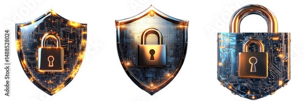 Obraz A set of secure internet access visual with shiny digital shield and padlock, safe browsing concept isolated on a transparent background
