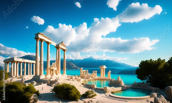 Fototapeta Surreal landscape ancient greece analog style. Generative AI	
