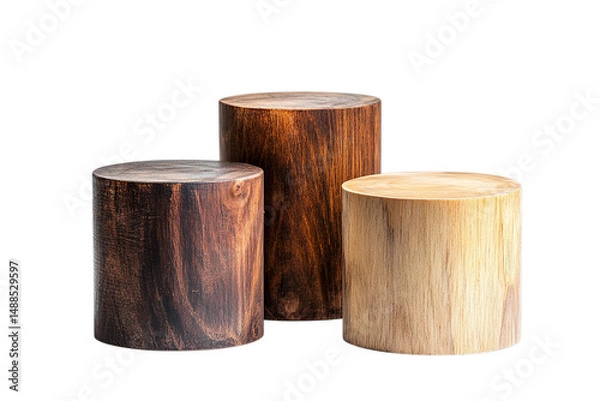Fototapeta Three wooden cylinder blocks of different colors isolated on a black background