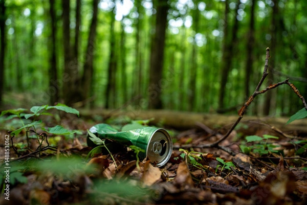 Obraz close-up trash, pet non-degradable thrown in the forest, recycling, protect nature, ecology