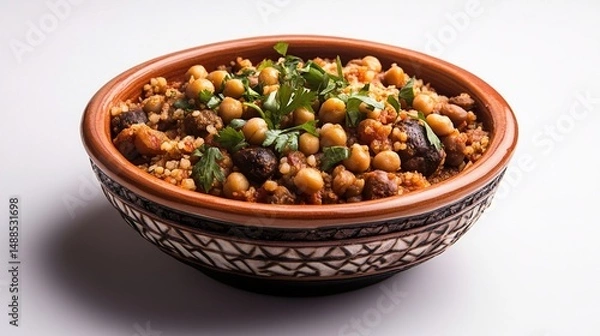 Obraz A bowl of chickpea and vegetable stew with a tomato base, garnished with chopped parsley, sits on a white background
