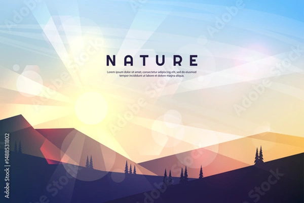 Obraz Vector illustration. Minimalist wavy panoramic background. Color gradient hills. Colorful wallpapers. Flat design for website, landing page, web banner. Evening sunset scene with blurred lights