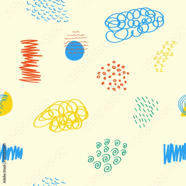 Obraz Vector illustration. Cute seamless background. Memphis pattern. Fashion 80s, 90s. Retro funky graphic. Hand drawn print element. Repeat square banner. Minimalist color backdrop. Fabric decoration