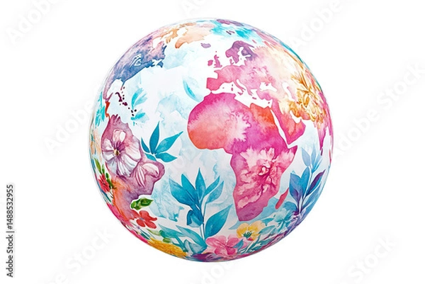 Fototapeta Watercolor globe with floral design isolated on a transparent background
