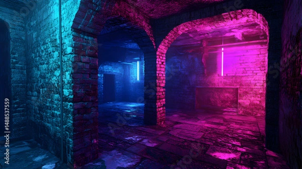 Fototapeta Mysterious Underground Space with Neon Lighting and Grungy Walls