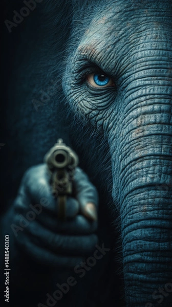 Fototapeta In this striking and surreal composition, a Elephant takes center stage, aiming a gun directly at the viewer against a pitch-black background. Generative AI