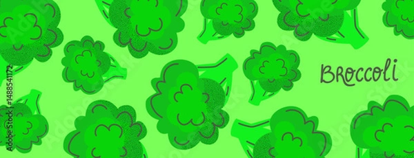 Fototapeta Broccoli. Healthy eating. Vegetarian food.. Minimalistic broccoli pattern on green background for poster, banner, flyer. Vector illustration