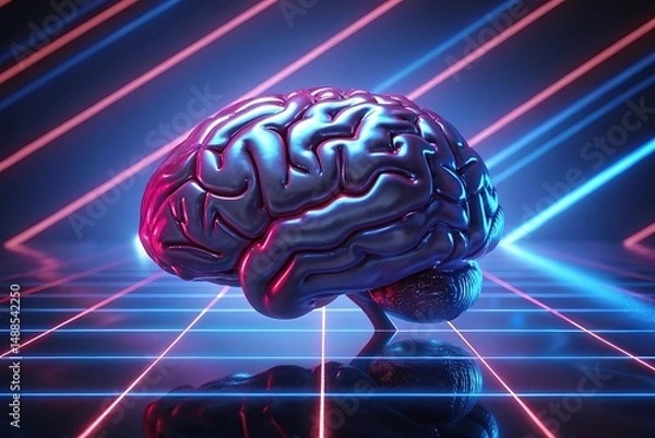 Fototapeta Metallic Human Brain Model in Neon Retro Grid Setting Artificial Intelligence Concept
