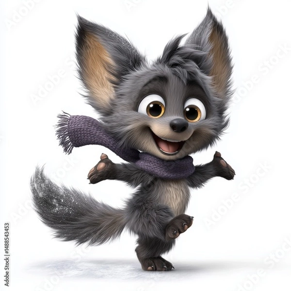 Obraz Cartoon fluffy wolf cub dancing on snow in joyful winter scene
