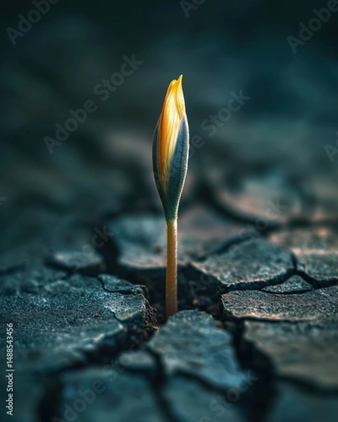 Obraz Yellow sprout emerging from cracked dry soil in barren earth
