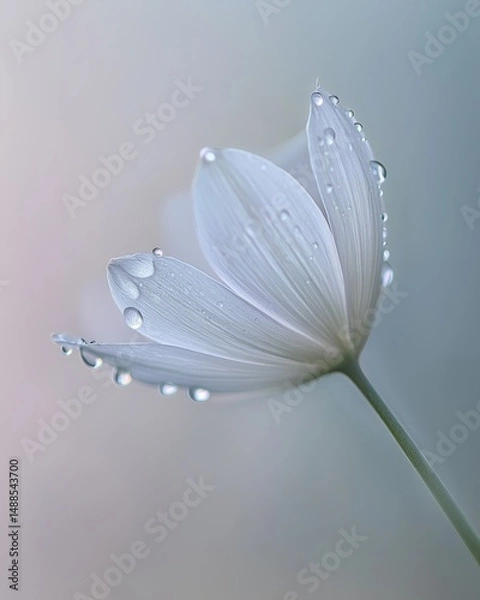 Obraz White flower with dew drops on petals against soft pastel background

