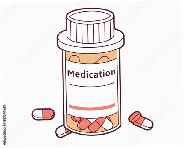 Fototapeta Prescription medication bottle with pills on a light background  