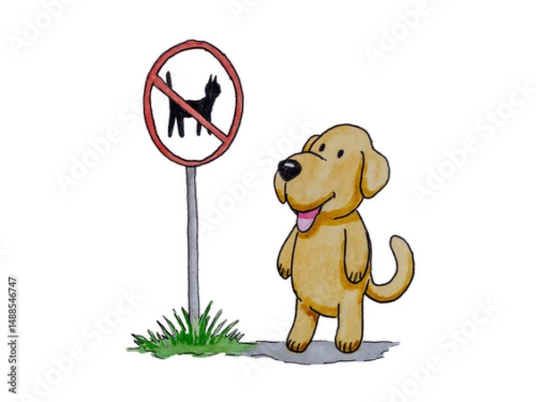 Fototapeta Cartoon with a dog and a road sign Cats are not allowed. Illustration with a funny dog. Territory defence cat dog conflict. Caricature with home pet 