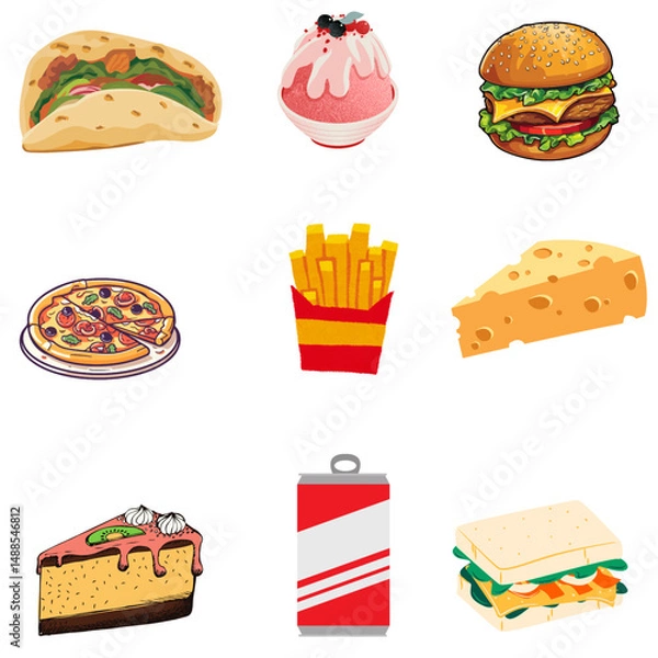 Fototapeta Nine popular food illustrations, including tacos, slusha, hamburgers, pizza, French fries, cheese, cake, soda, and sandwiches. It is bright in color and is appetizing in appearance