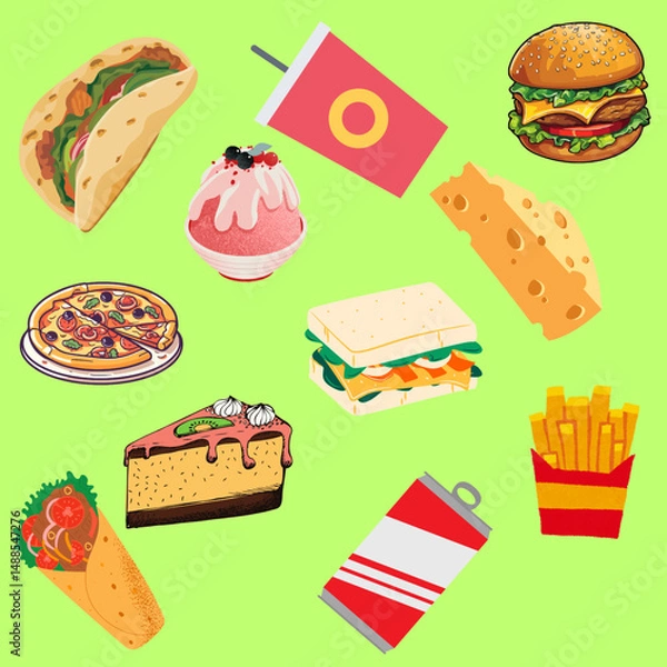 Fototapeta An attractive variety of popular foods arranged in a brilliant green setting. There are such items as tacos, slusha, hamburgers, pizzas, sandwiches, cheese, cakes, soda, and fries. This colorful illus