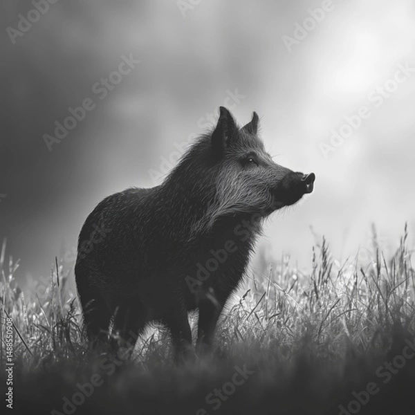 Obraz Black wild boar standing alert in misty field with tall grass
