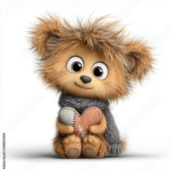 Obraz Cute teddy bear holding stitched heart plush with soft winter scarf

