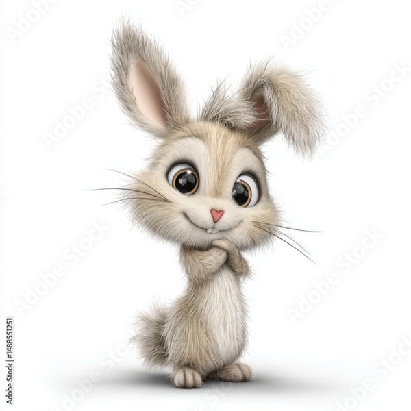 Obraz Fluffy cartoon bunny with big eyes and sweet smile on white background
