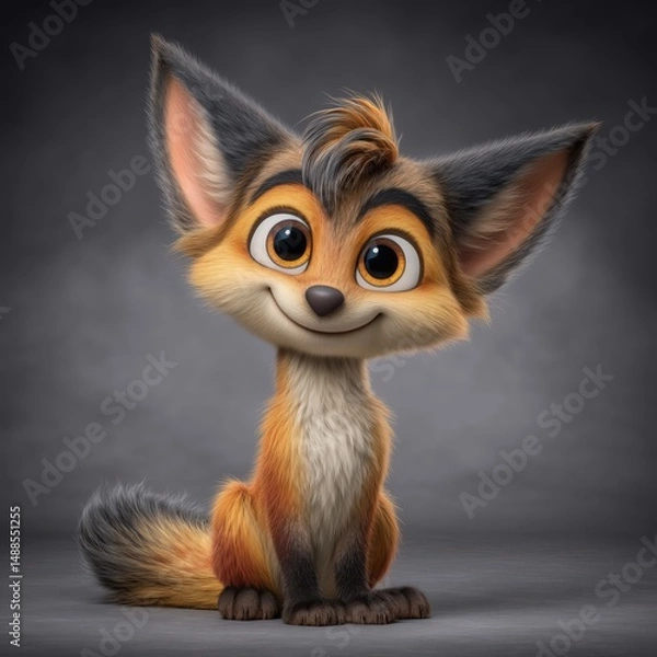 Obraz Cartoon fox with fluffy tail smiling in front of grey gradient background

