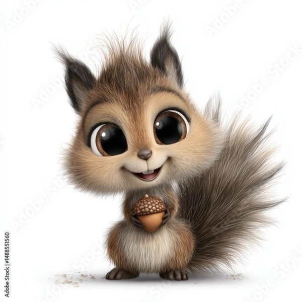 Obraz Cartoon squirrel with fluffy tail holding acorn and smiling joyfully

