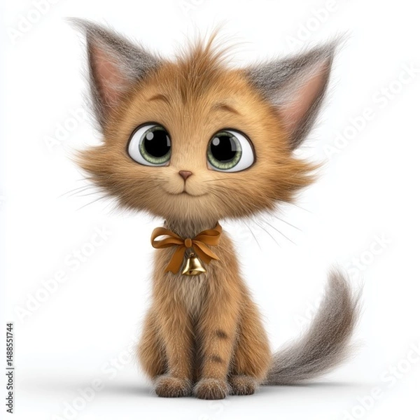 Obraz Cartoon kitten with green eyes and bow bell collar sitting cutely
