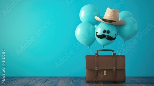 Obraz Father's Day 3D Render Illustration, Brown Briefcase on Blue Wood Floor, Floating Balloons with Mustache Hat, Modern Office Gift Concept, Minimalist Spatial Hierarchy Design, Birthday Celebration Art