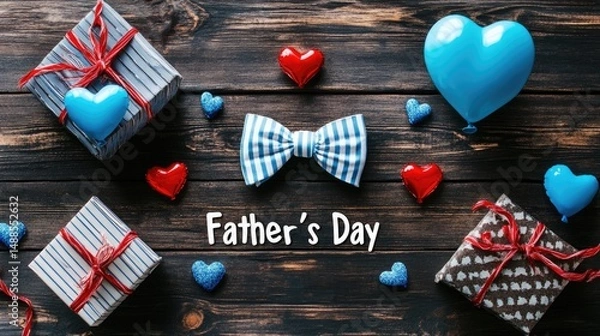 Obraz Father's Day Graphic Design on Dark Wood Background, White Script Text with Red Blue Hearts, Striped Gift Boxes and Bow Tie, Minimalist Greeting Card Template, Social Media Graphic Design