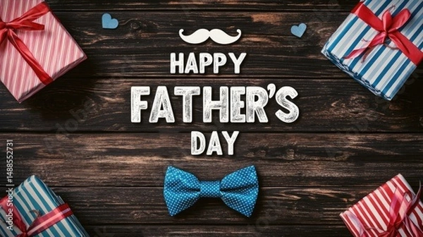 Obraz Father's Day Graphic Design on Dark Wood, White Mustache Shape "HAPPY FATHER'S DAY" Text, Striped Gift Boxes with Red Blue Ribbons, Blue Polka Dot Bow Tie, Minimalist Greeting Card Template