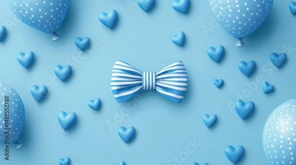 Obraz Father's Day Graphic Design on Light Blue Background, Blue White Striped Bow Tie Center, 3D Heart Shapes and Polka Dot Balloons, Minimalist Greeting Card Template, Social Media Graphic Design