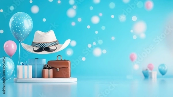 Obraz Father's Day Promotion 3D Render, Blue Background Bokeh Effects with Gift Boxes, Blue White Striped and Brown Boxes, Mustache Tie White Hat, Floating Balloons, Corporate Event Decoration