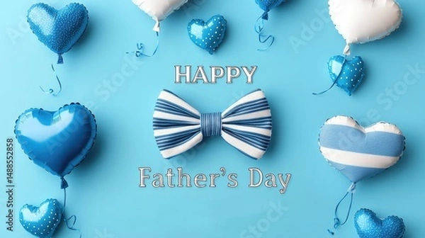 Obraz Father's Day Graphic Design on Light Blue Background, Blue White Striped Bow Tie Separating "HAPPY Father's Day" Text, Heart and Polka Dot Balloons Floating, Minimalist Greeting Card Template