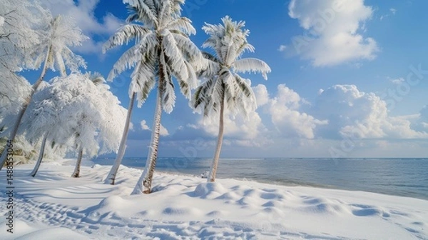 Fototapeta Snowy Palm Trees on a Tropical Beach
