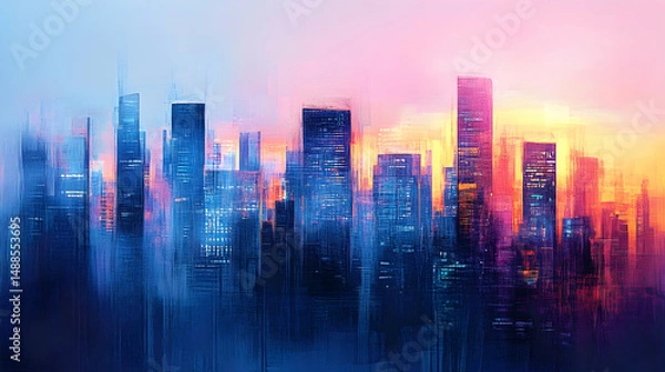 Fototapeta Abstract Cityscape at Dusk with Vibrant Colorful Hues