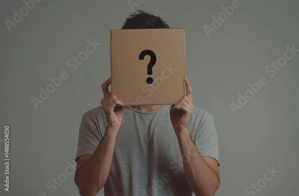 Fototapeta Man hides face behind question mark box